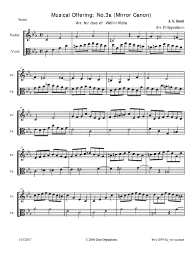 Bach: The Musical Offering (BWV 1079) No. 3a "Mirror Canon" a 2 arr. for 2 Violins/Violas (arr. D Oppenheim)