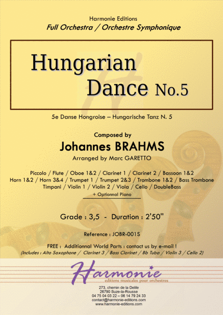 Hungarian Dance No. 5 - J. BRAHMS - arranged for Full Orchestra by Marc Garetto (arr. Marc GARETTO)