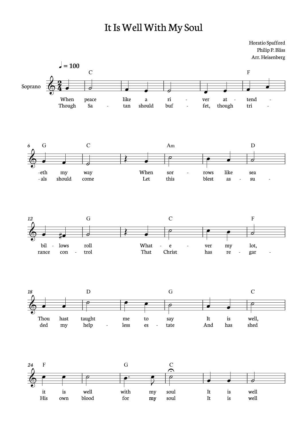 It Is Well With My Soul - Philip Bliss for Soprano in C major (arr. Heisenberg)