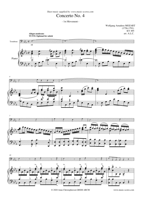 Allegro from Mozart's 4th horn concerto - Trombone and Piano (arr. Anne Christopherson GRSM ARCM)