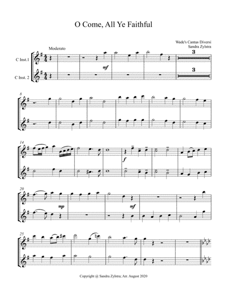 O Come, All Ye Faithful (treble C instrument duet, parts only) (arr. Sandra Zylstra)