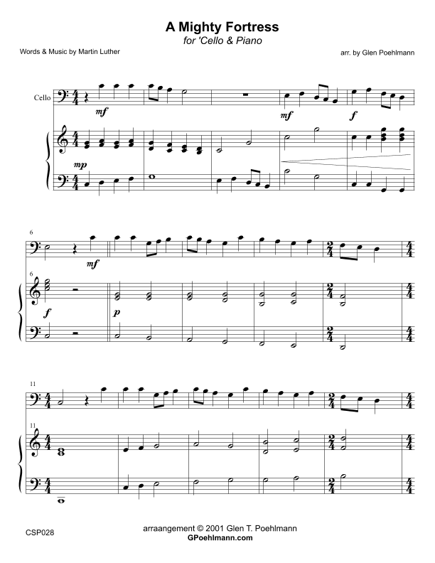A MIGHTY FORTRESS - Cello Solo with Piano accompaniment (arr. Glen Poehlmann)