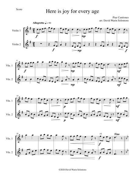 Variations on Here is joy for every age (Ecce novum gaudium from Piae Cantiones) for 2 violins (arr. David Warin Solomons)