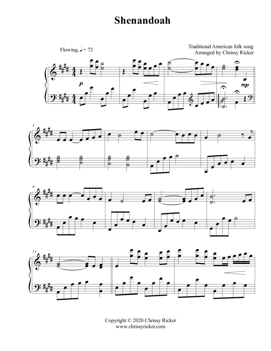 Shenandoah - late intermediate piano (arr. Chrissy Ricker)