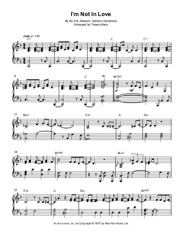 I'm Not In Love (jazz piano cover) (arr. Tunescribers)