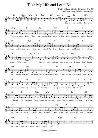 Take My Life and Let It Be (key of D) - melody by Christy Kalfas