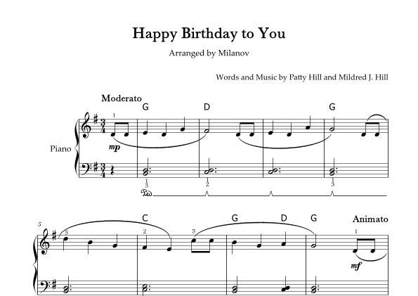 Happy Birthday to You Piano in G Easy Intermediate Chord Fingering Pedal (arr. Milanov)