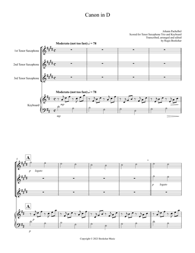 Canon in D (Pachelbel) (D) (Tenor Saxophone Trio, Keyboard) (arr. Regis Bookshar)