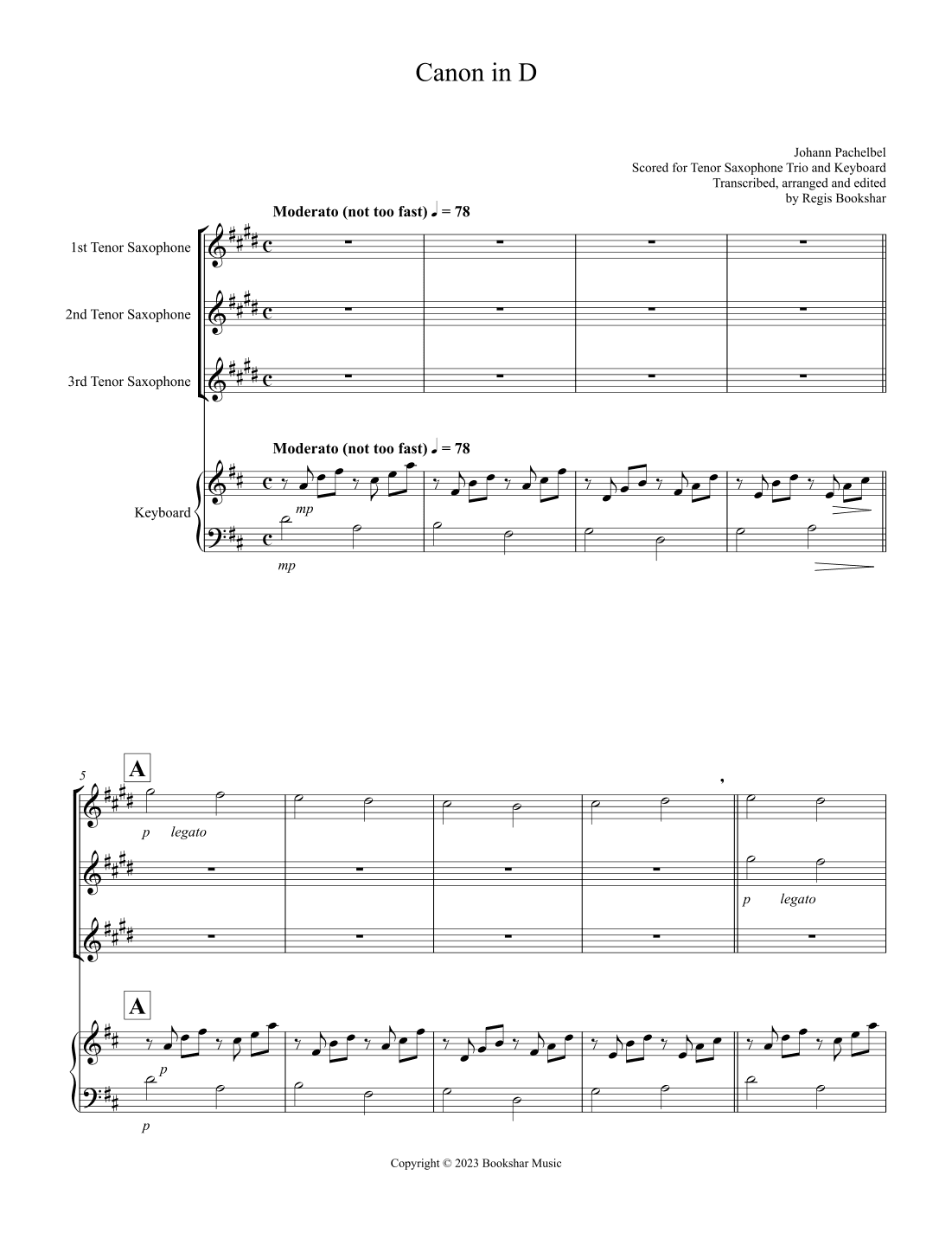 Canon in D (Pachelbel) (D) (Tenor Saxophone Trio, Keyboard) (arr. Regis Bookshar)