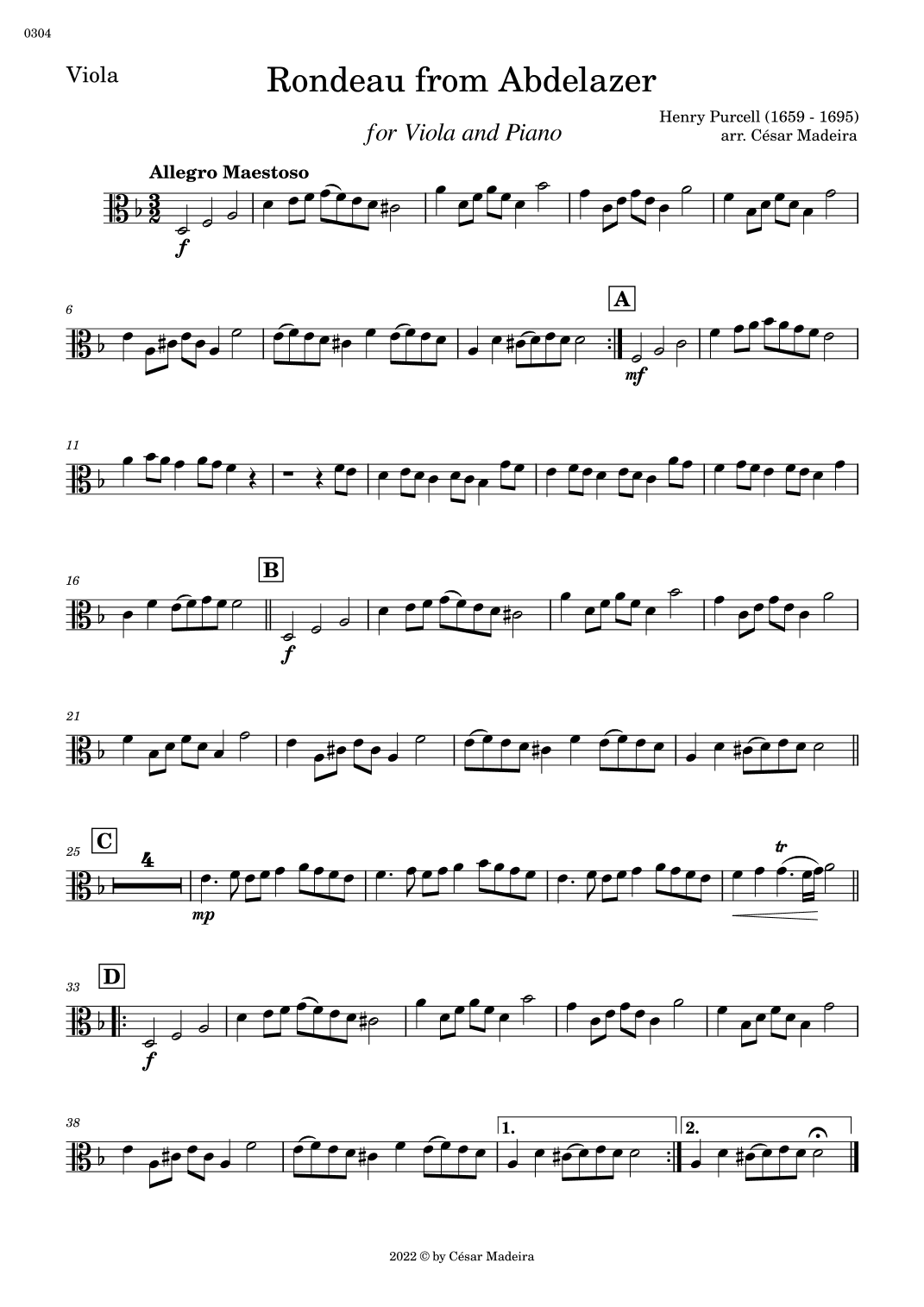 Rondeau from Abdelazer - Viola and Piano (Individual Parts) (arr. César Madeira)