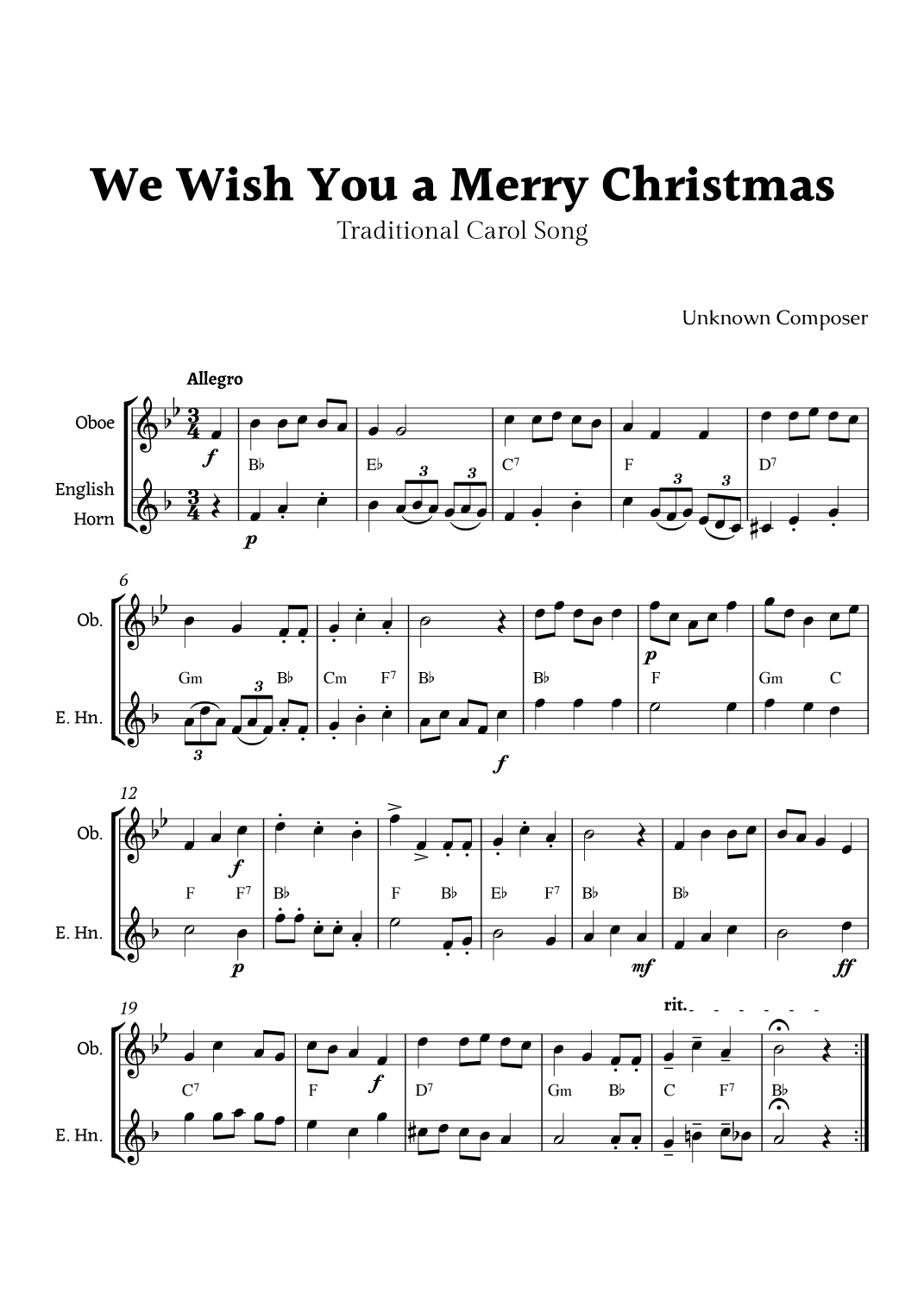 We Wish you a Merry Christmas for Oboe and English Horn Duet with Chords (arr. Rika K.)