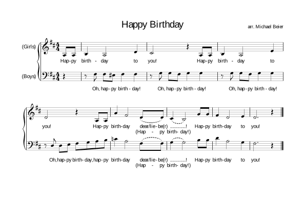 The famous "Happy Birthday" in Swing style, easy, 2part harmony (arr. Michael Beier)