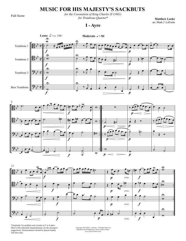 Music for His Majesty's Sackbuts for Trombone Quartet (arr. Mark J. LaFratta)