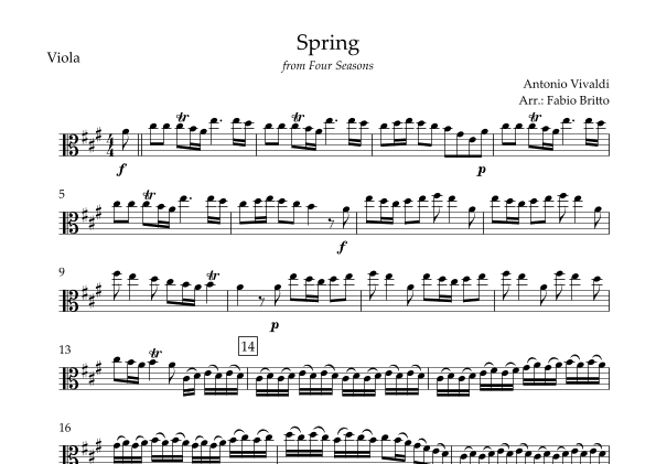 Spring (from Four Seasons of Antonio Vivaldi) for Viola Solo (In A Major) (arr. Fabio Britto)