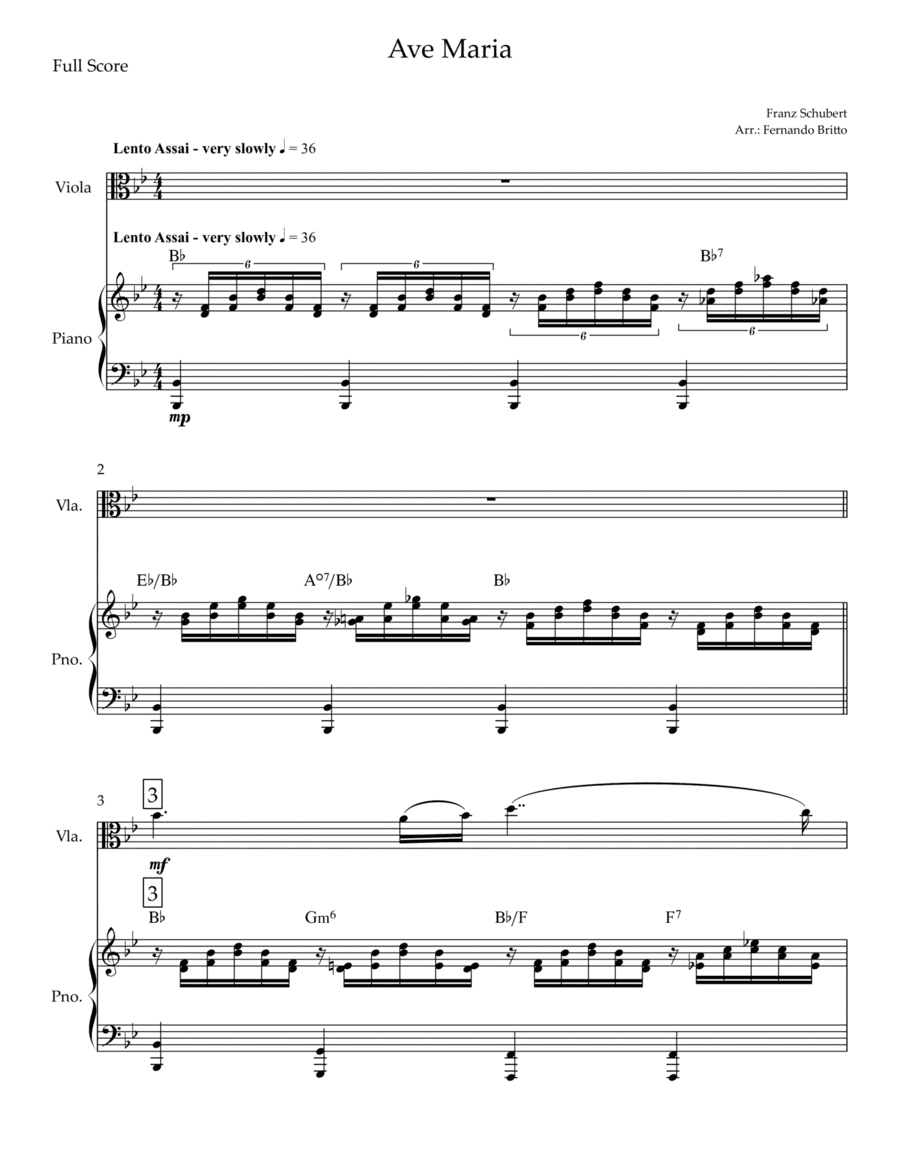 Ave Maria (Franz Schubert) for Viola Solo and Piano with Chords (arr. Fernando Britto)