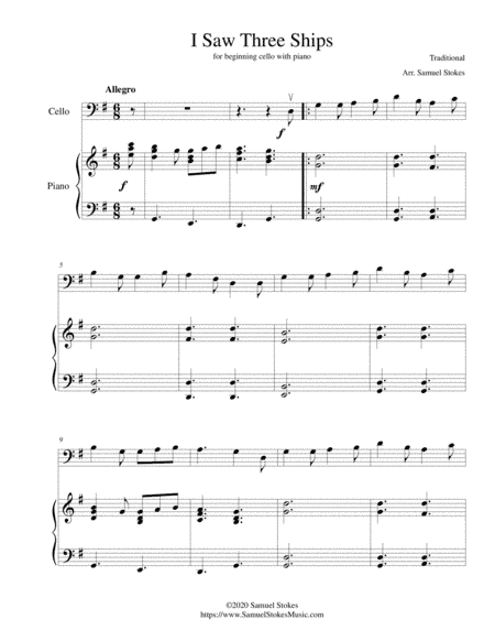I Saw Three Ships - for beginning cello with optional piano accompaniment (arr. Samuel Stokes)