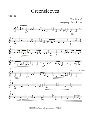 Greensleeves (variations for String Orchestra) Violin II part (arr. Nick Raspa)