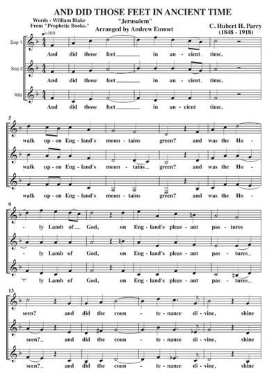 Jerusalem (And Did Those Feet) A Cappella SSA (arr. Andrew Emmet)