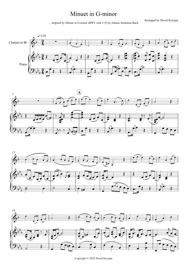 Minuet in G-minor - EASY (clarinet & piano) (arr. David Kocijan)
