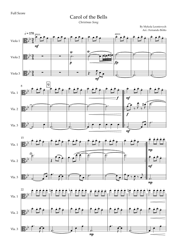Carol of The Bells - Jazz Version (Christmas Song) for Viola Trio (arr. Fabio Britto)