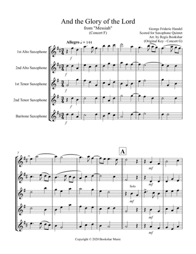 And the Glory of the Lord (from "Messiah") (F) (Saxophone Quintet - 2 Alto, 2 Tenor, 1 Bari) (arr. Regis Bookshar)
