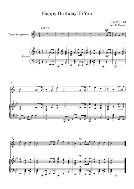 Happy Birthday To You, Patty & Mildred J. Hill, For Tenor Saxophone & Piano (arr. Eugene Egorov)