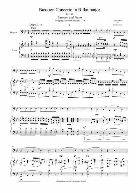 Mozart - Bassoon Concerto  in B flat major K 191 for Bassoon and Piano - Score and Part (arr. Santin o Cara)