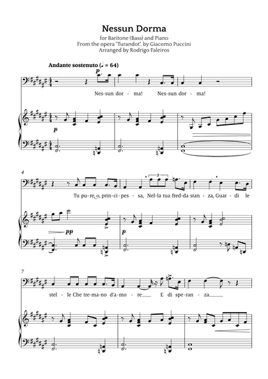 Nessun Dorma (for baritone or bass and piano) (arr. Rodrigo Faleiros)