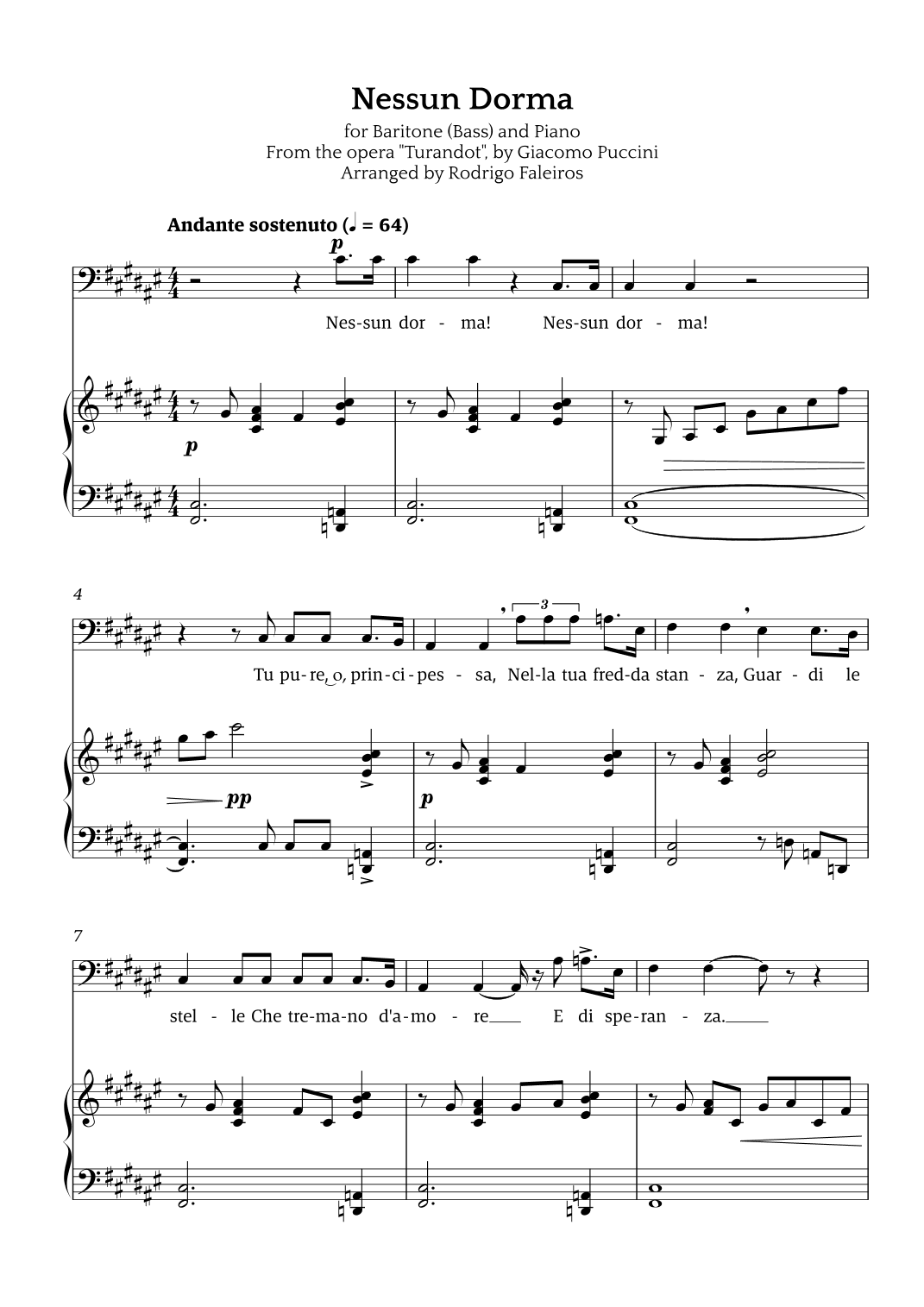 Nessun Dorma (for baritone or bass and piano) (arr. Rodrigo Faleiros)