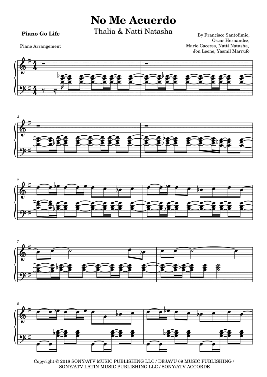 No Me Acuerdo (arr. Piano Go Life)