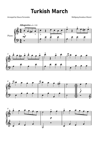 Turkish March by Mozart - Easy Piano (arr. Glauco Fernandes)