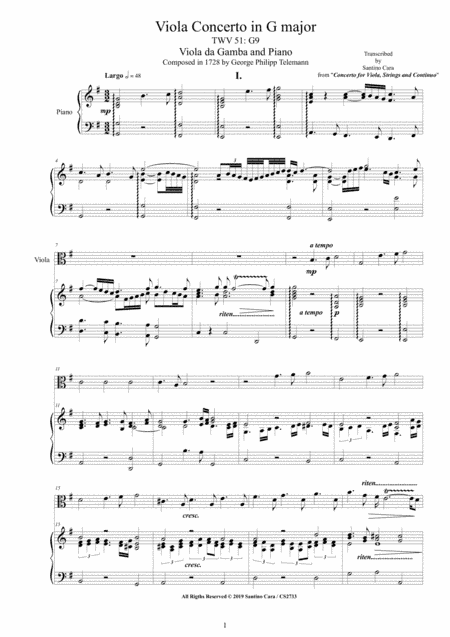 Telemann - Viola Concerto in G major TWV 51-G9 for Viola and and Piano (arr. Santino Cara)