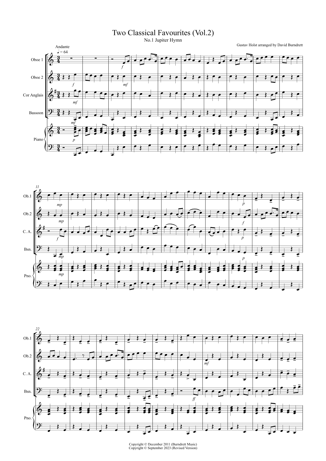 2 Classical Favourites for Double Reed Quartet (volume two) (arr. David Burndrett)