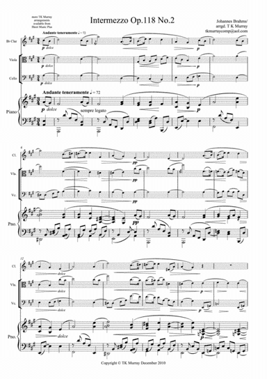 Brahms - Intermezzo Op.118 No.2 - Clarinet, Viola, Cello & Piano (arr. Tim TK Murray)
