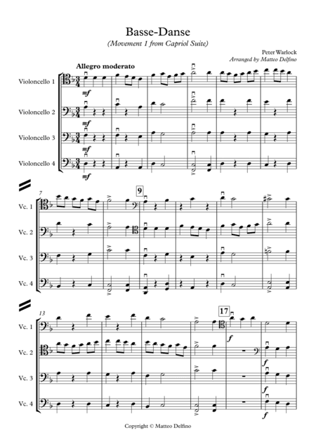 Basse-Danse (Movement 1 from Capriol Suite) [Cello Quartet] (arr. Matteo Delfino)