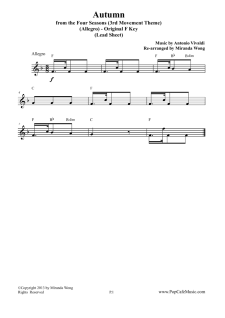 Autumn from "The Four Seasons" - 3rd Movement (Lead Sheet) (arr. Miranda Wong)