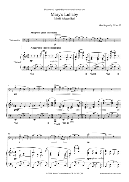 Mary's Lullaby, or Maria Wiegenlied - Cello and Piano (arr. Anne L Christopherson GRSM ARCM)