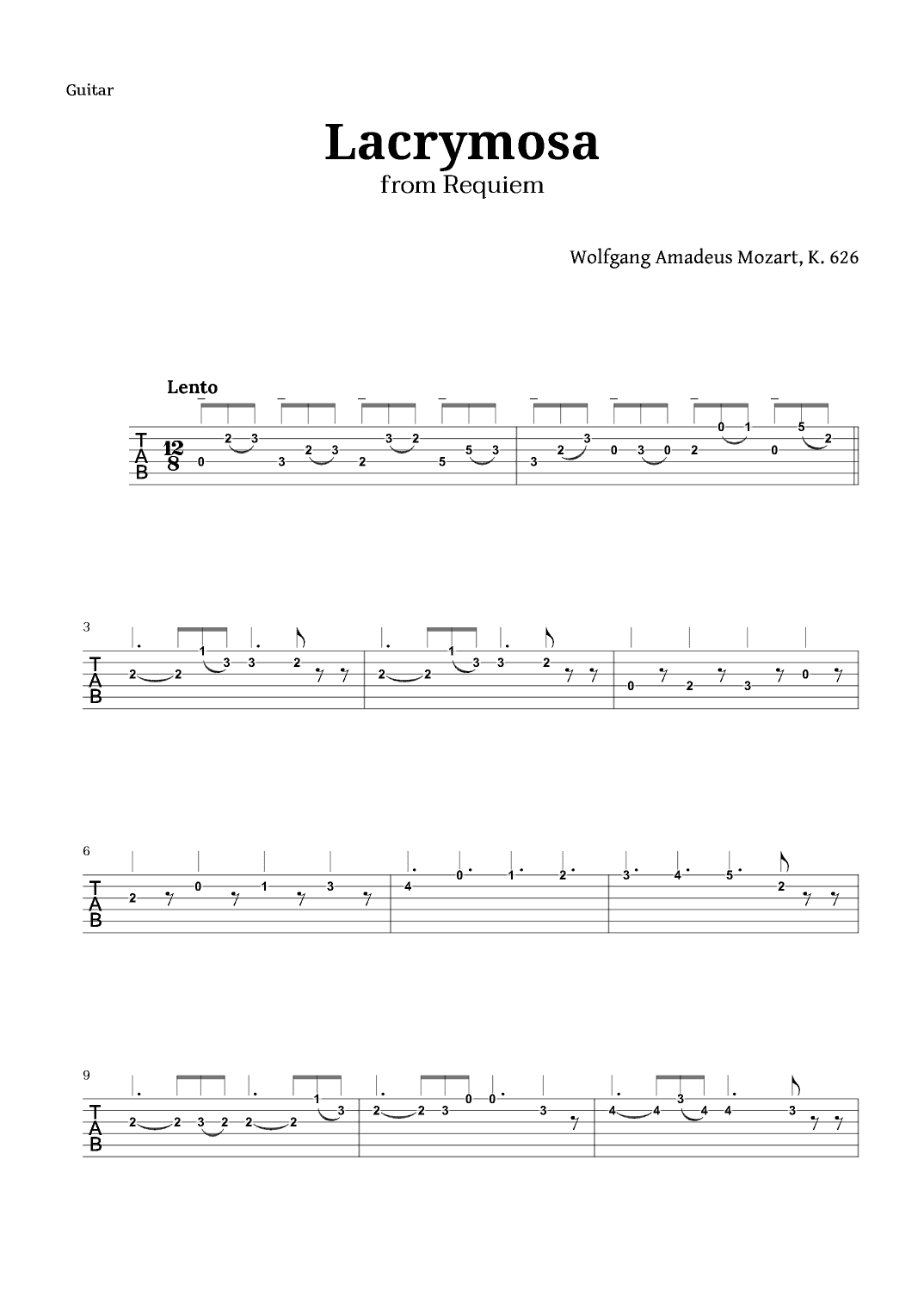 Lacrymosa from Requiem by Mozart for Guitar TAB (arr. Langanho)