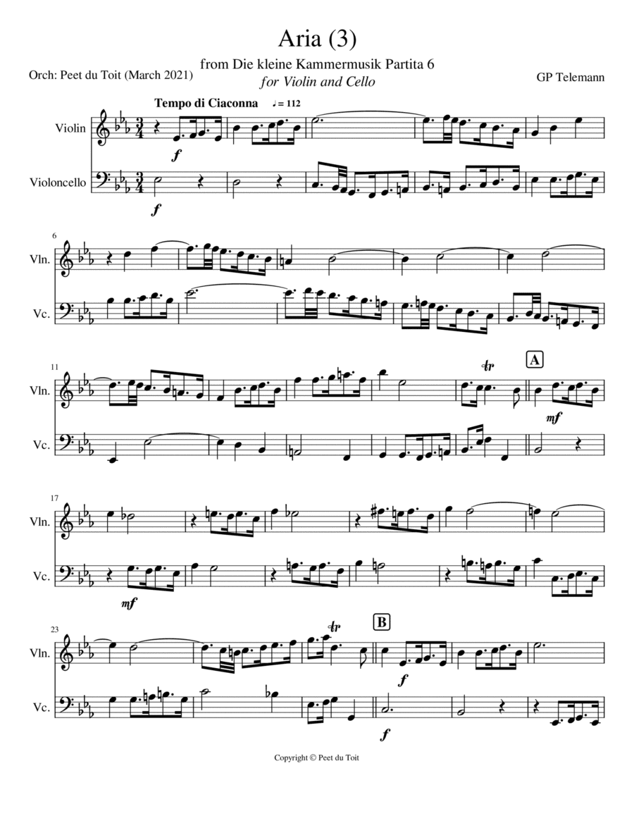 Aria 3 from Die kleine Kammermusik Partita 6 - GP Telemann (Violin and Cello) (arr. Peet du Toit)