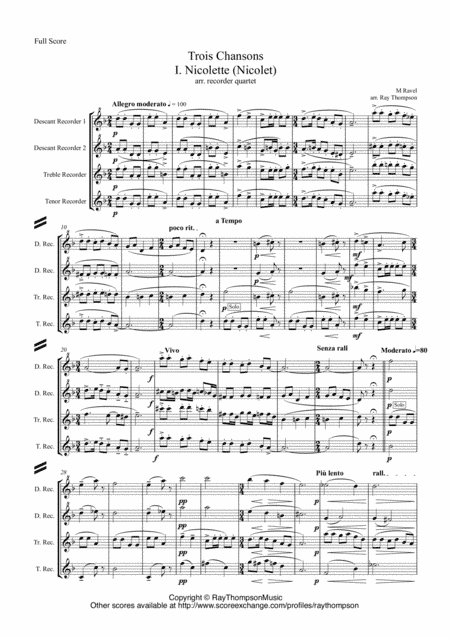 Ravel: Trois Chansons (Three Songs) (includes Three Lovely Birds of Paradise) - recorder quartet (arr. Ray Thompson)