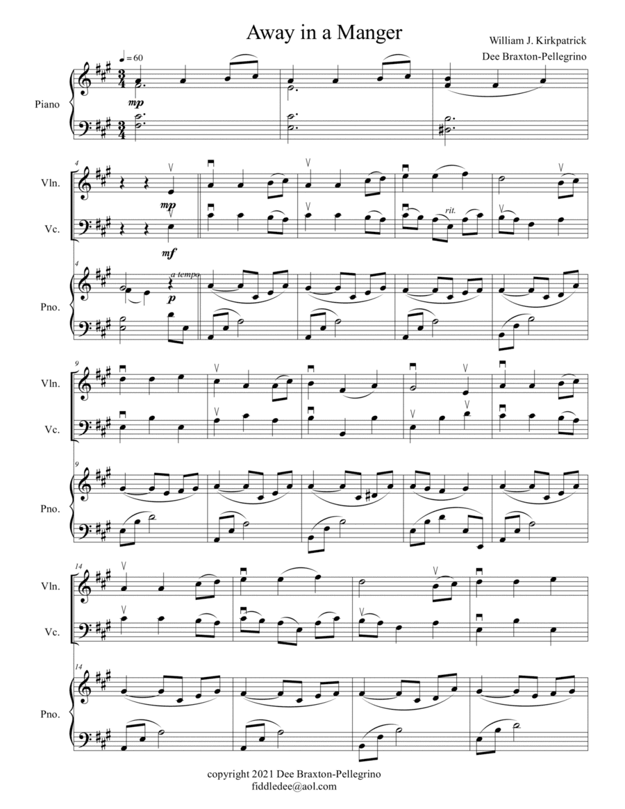 Away in a Manger (piano trio: piano, violin and cello) (arr. Dee Braxton-Pellegrino)
