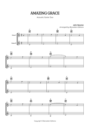 Amazing Grace • super easy acoustic guitar duet sheet music with chords (arr. Benzaiten Editions)