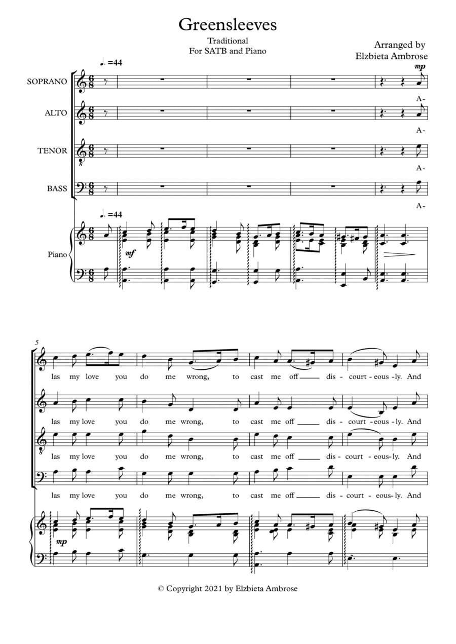 Greensleeves SATB and piano (arr. Elzbieta Ambrose)