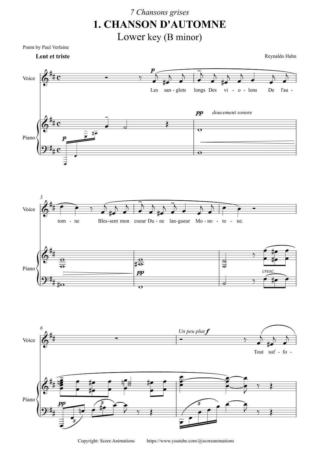 HAHN: "Chanson d'automne" Lower key (B minor) (arr. Score Animations)