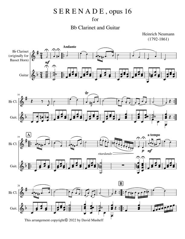 Serenade, opus 16 for Bb Clarinet and Guitar (arr. D. Musheff)