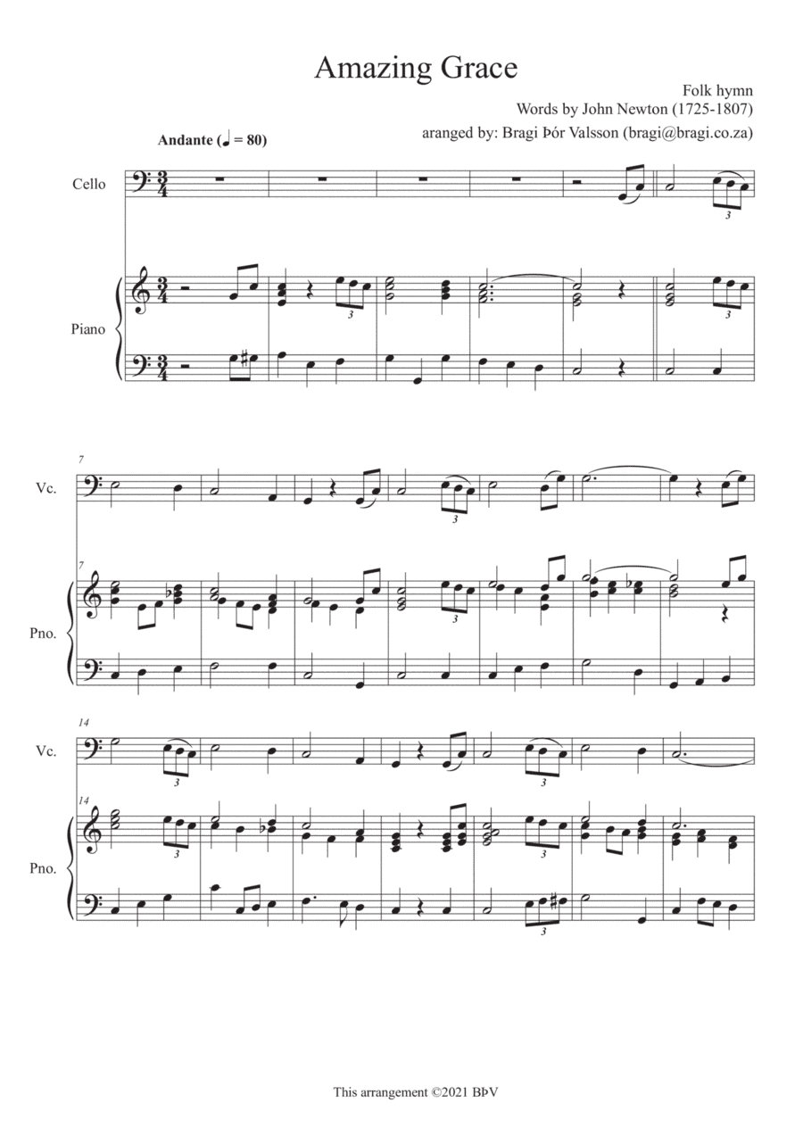 Amazing Grace - Cello with piano accompaniment (arr. Bragi Thor Valsson)