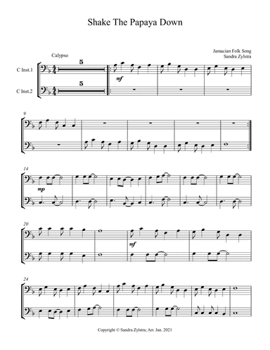Shake The Papaya Down (bass C instrument duet, parts only) (arr. Sandra Zylstra)