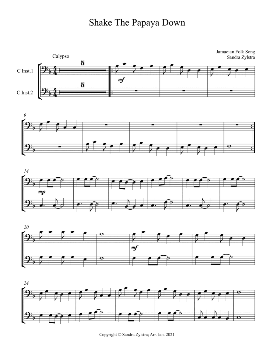 Shake The Papaya Down (bass C instrument duet, parts only) (arr. Sandra Zylstra)