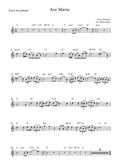 Ave Maria (Franz Schubert) for Tenor Saxophone Solo with Chords (Simplified) (arr. Fabio Britto)