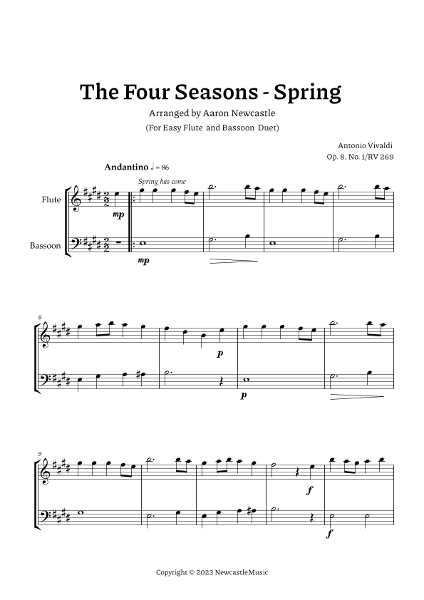 Vivaldi, Spring (The Four Seasons) — For Easy Flute and Bassoon Duet, Score and Parts (arr. Aaron Newcastle)